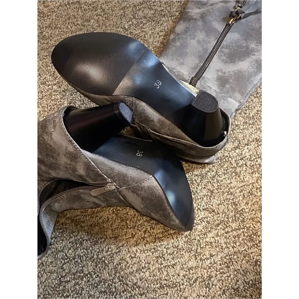 Women's Gray Faux Suede-Look Knee Boots with Side Zipper